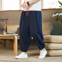 Pantalones de algodón y cáñamo para hombre, pantalón holgado con cordón, estilo Haren, informal, japonés, primavera y otoño, 2024 M-5XL, novedad