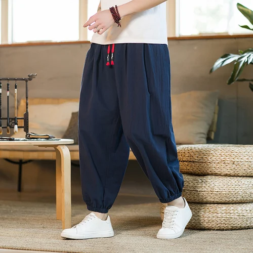 Pantalones de algodón y cáñamo para hombre, pantalón holgado con cordón, estilo Haren, informal, japonés, primavera y otoño, 2024 M-5XL, novedad