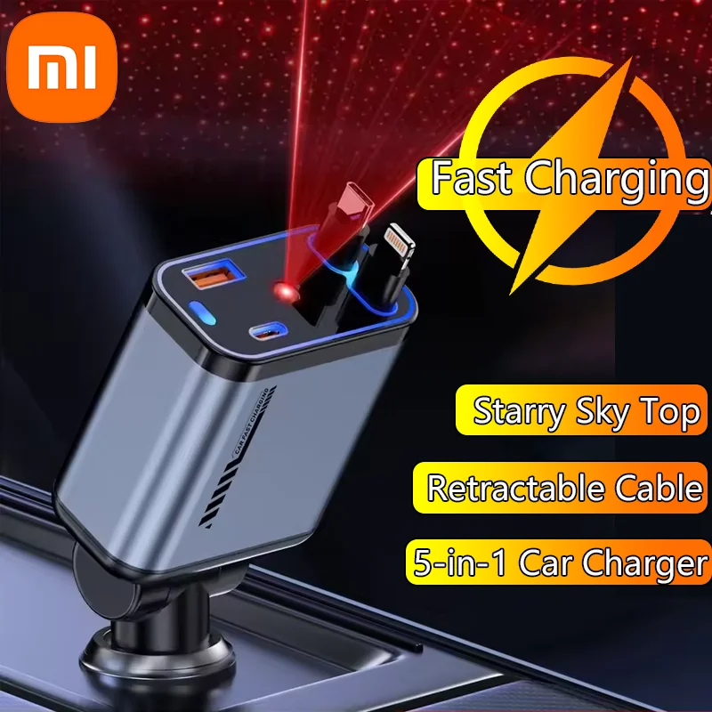 NEW 5 In 1 Retractable Car Charger  Super Fast For Phone Cord Cigarette Lighter QC Adapter with 2 USB Ports Starry Sky Top