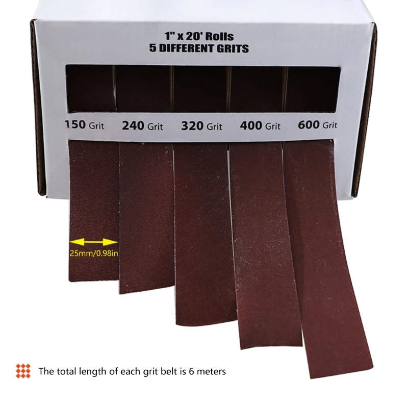 Comprehensive Sanding Set, 5 Assorted Grits, Aluminum Oxide Paper, 2.5cm x 6m, for Metalwork Handwork Workshop Hobbyists