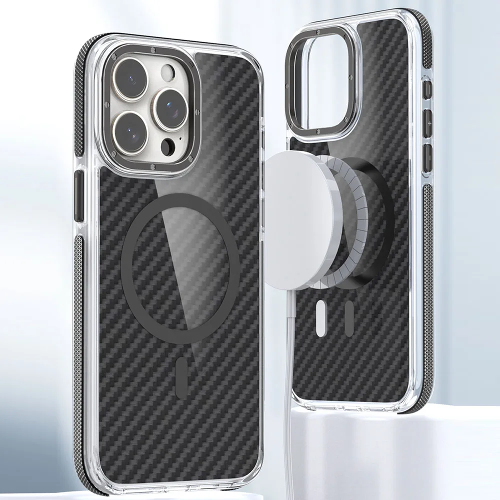 Dual Color Magnetic Wireless Charge Phone Case For iPhone 11 12 13 14 15 16 Pro Max Carbon Fiber Pattern Stand Seismic Shell