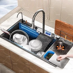 Nuevo fregadero de cocina de cascada de acero inoxidable, lavabo individual Extra grande con soporte para cuchillos y estante para tabla de cortar