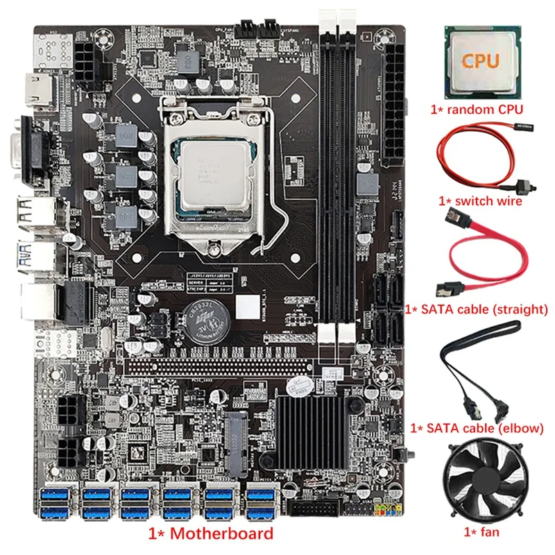 

New B75 12 Card BTC Mining Motherboard With Random CPU+CPU Fan+Switch Cable+2X SATA Cable 12 USB3.0 LGA1155 DDR3 RAM SATA3.0