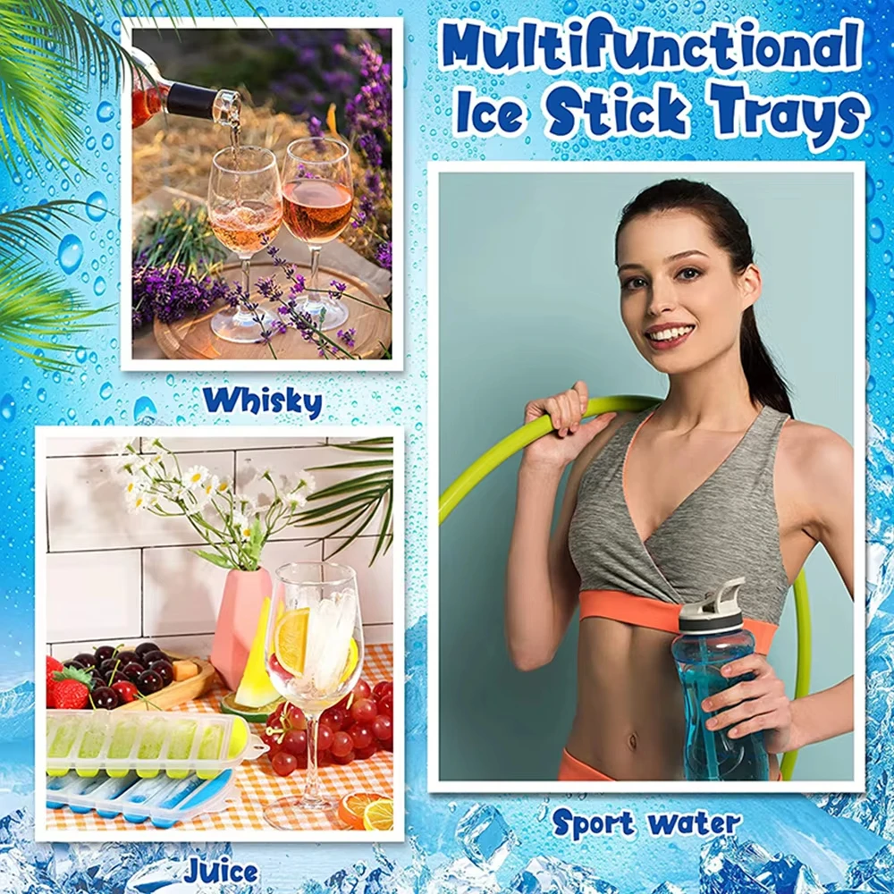 شريط طويل شكل سيليكون قالب مكعبات الثلج المنبثقة البلاستيك علبة مكعبات الثلج مع غطاء قابلة لإعادة الاستخدام علبة عصا الثلج سهلة الإصدار بار المطبخ #5