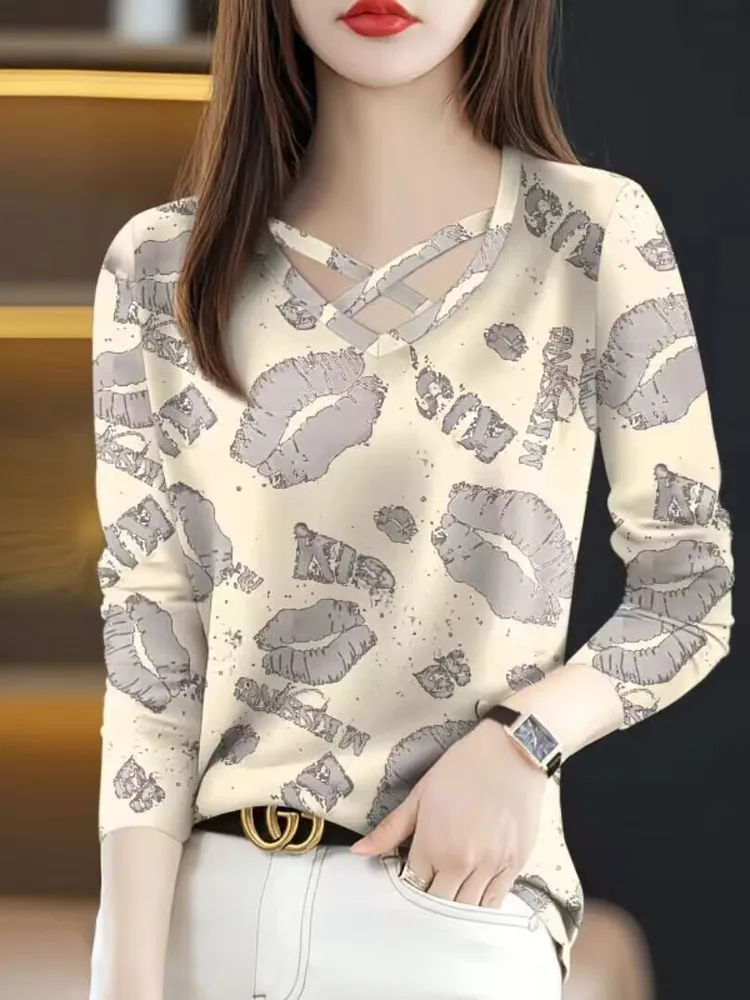 Wiosna Jesień Nowa Duży Rozmiar Damska Bluzka z Dekoltem Krzyżowym Długi Sweter z Nadrukiem Cienka Odzież Wierzchnia Codzienna