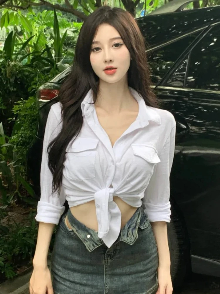 

Shirts Women Chic Korean Sexy Style Casual All-match Mujer Blusas Long Sleeve Hotsweet Tops High Street Solid Club Summer Slim