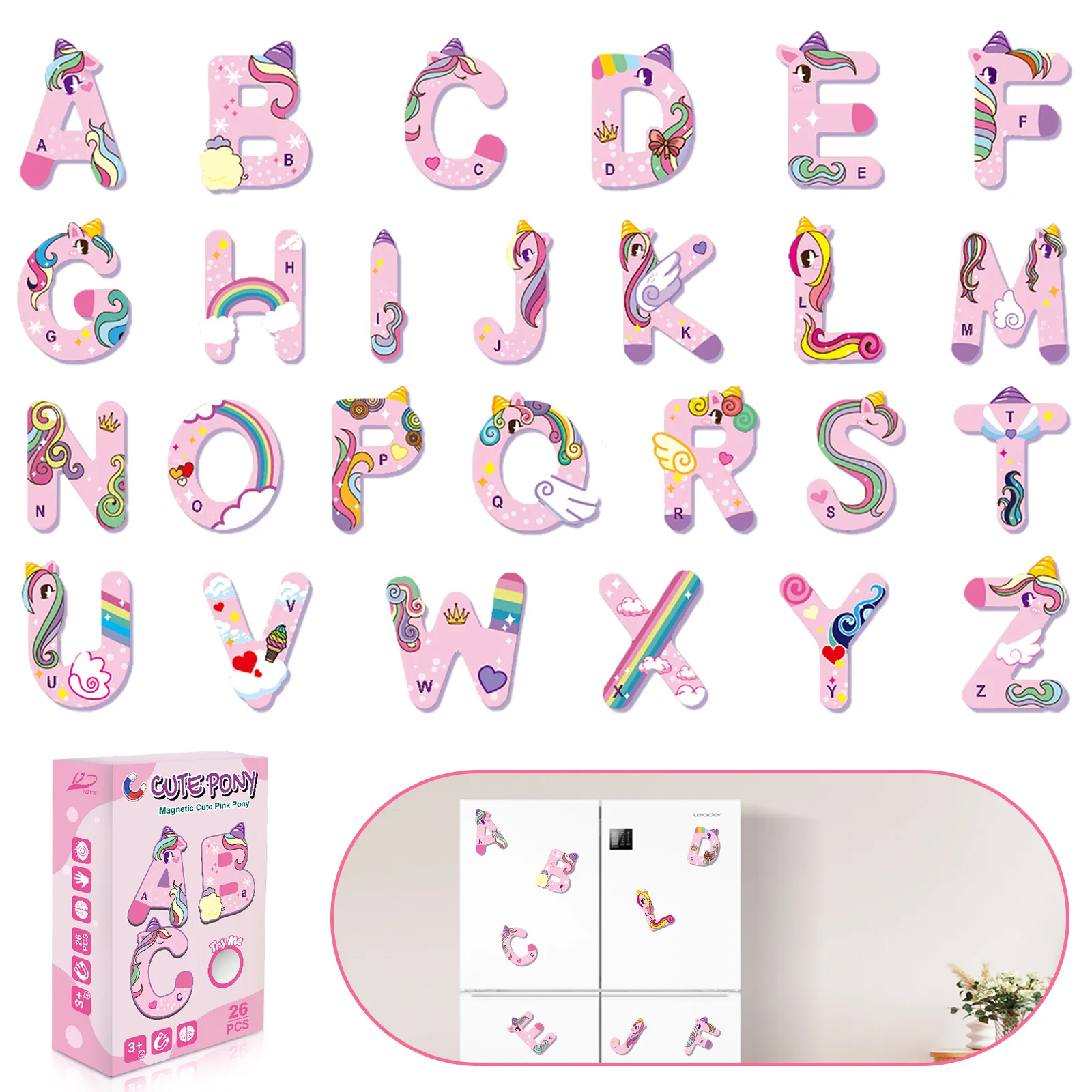 

English Letter Magnetic Toys,3+ Kids Alphabet Horse Fridge Magnets,Cute Pink Pony Design