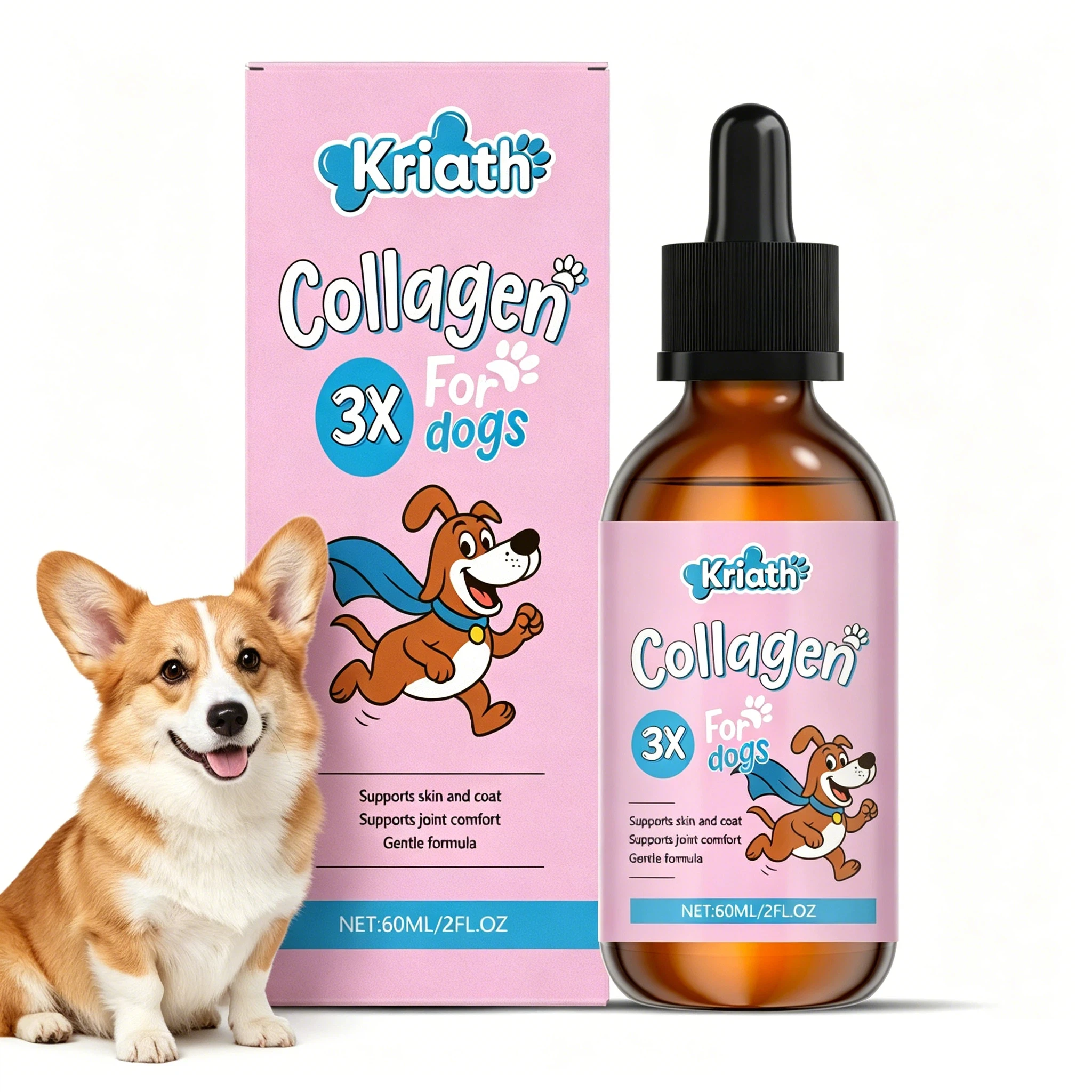 Gotas de Colágeno para Perros de 60 ml, Favorecen la Salud de las Articulaciones y los Huesos, Cuidado del Cabello y la Piel de las Mascotas, Suplemento Dietético, Fórmula Suave, Solución Nutricional para Mascotas
