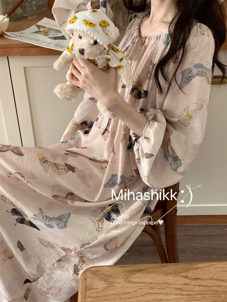 

Korean Sweet Nightgown for Women Spring Autumn New Girl Print Casual Loose Home Clothes Dress Lingeries Womens Dresses Pajama