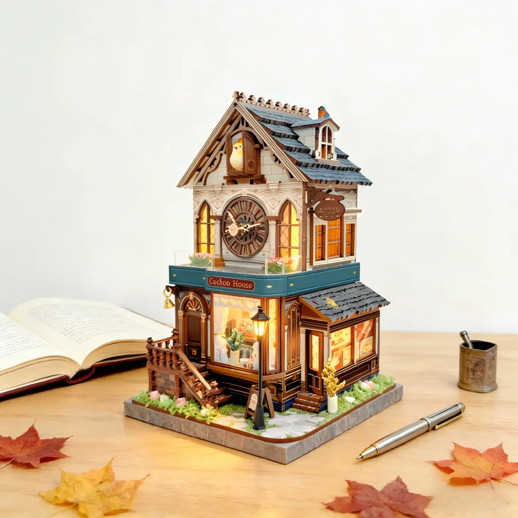 OUZEY غريب الأطوار ساعة الوقواق كوخ، تزهر زهرة البيت نموذج ثلاثي الأبعاد، هدية ديكور خشبي ساحر DIY #1