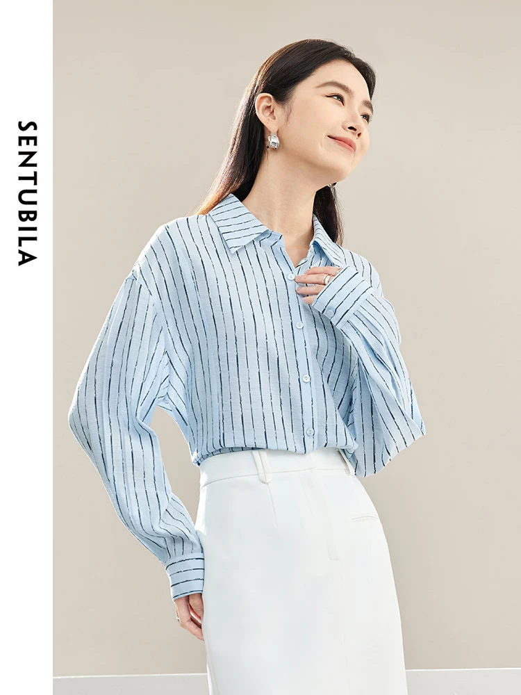 SENTUBILA Contrast Striped Thin Loose Button Up Shirt 2024 Spring Fashion Split Polo Collar Blouse Woman Clothing 141C53353