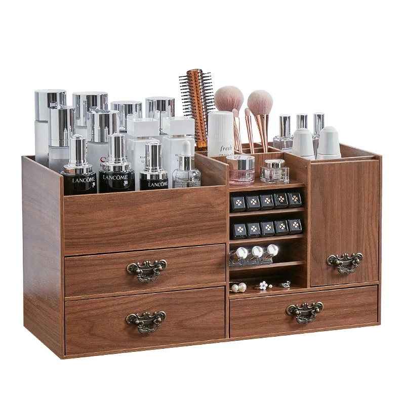 

Large capacity cosmetics storage box Multifunctional household wooden dresser Skin care products Lipstick rack with mirror