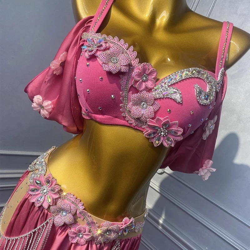 Vestido de dança do ventre personalizado, conjunto rosa e verde de alta qualidade, corrente de flores, samba americano, feminino, palco adulto, roupas profissionais