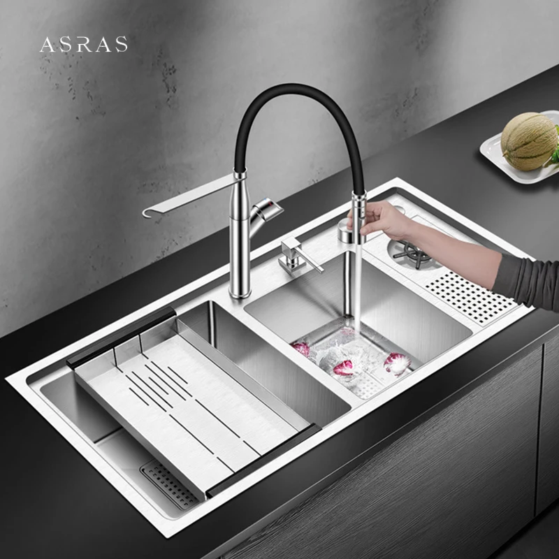 

ASRAS Handmade Brushed Double Sink SUS 304 Stainless Steel 4mm Thickness Large Size Cup Rinser Double Kitchen Sinks