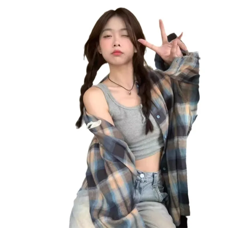 New Blue Checked Shirt Jacket for Women Loose Casual Slim Mid-length Shirt with Cardigan