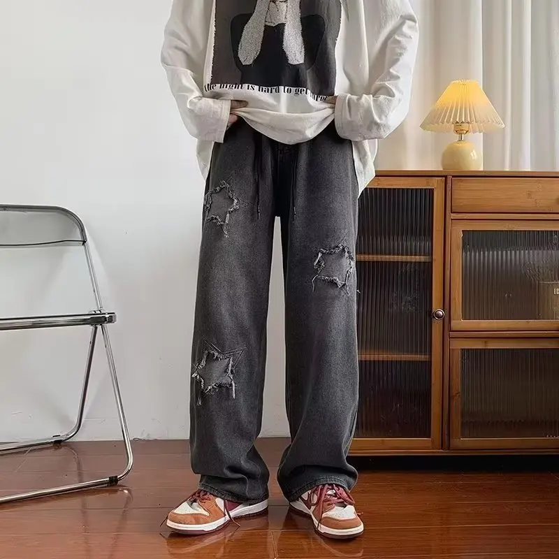 

Retro American Star Denim Jeans Men's High Street Trendy Hole Patchwork Straight Leg Long Trousers Cotton 00% Cool Feeling