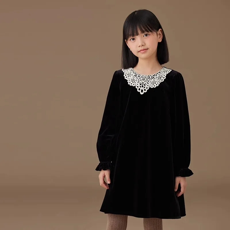 2024 Fall Childern Clothing Girl\'s Dress New Long Sleeve Lace Peter Pan Collar Long Sleeve A-line Swing Dress