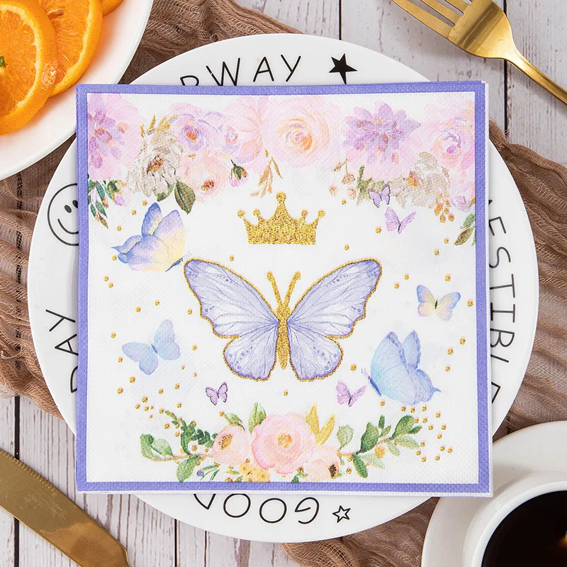 80pcsWatercolor Butterfly Flowers Paper Decorative Disposable Dessert Dinner Hand Napkin for Wedding Wine Party 33*33cm Printed