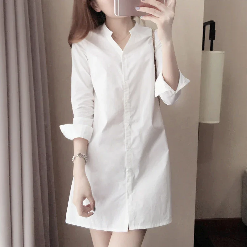 

Office Buttons Dress White Loose fit 3/4 sleeves Shirt Polyester Casual Blouse Summer Solid Loose Fashion 2019
