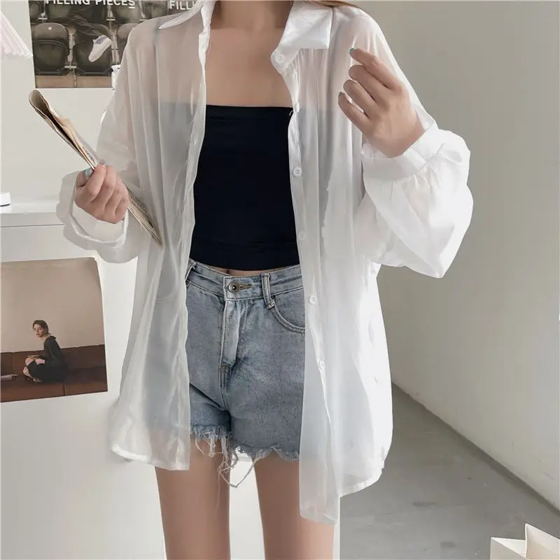 Summer Women Thin Shirts Loose Chiffon Long Sleeve Sun Protection Shirt Solid Korean Beach Tourism picnic chiffon shirt