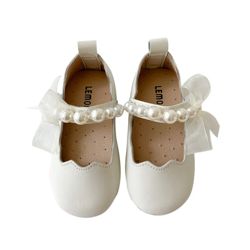 Children Girls Shoes Pure Color Pearl Gauze Bow Shoes Soft Soles Princess Shoes Girls Autumn Leather Flat Shoes