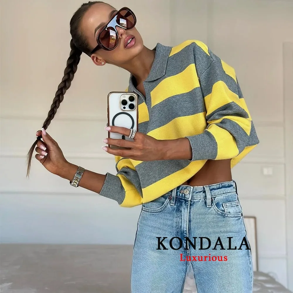 KONDALA سترات فضفاضة متماسكة مخططة غير رسمية للنساء بياقة على شكل V وأكمام طويلة بلوفرات موضة خريف 2025 قطع علوية سميكة ودافئة Y2K للفتيات