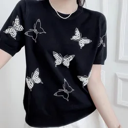 Women's Elegant t-shirts Casual Blouses Woman Print Butterfly Basic Tops With Pearal O Neck Short Sleeve Korean Summer Tees New