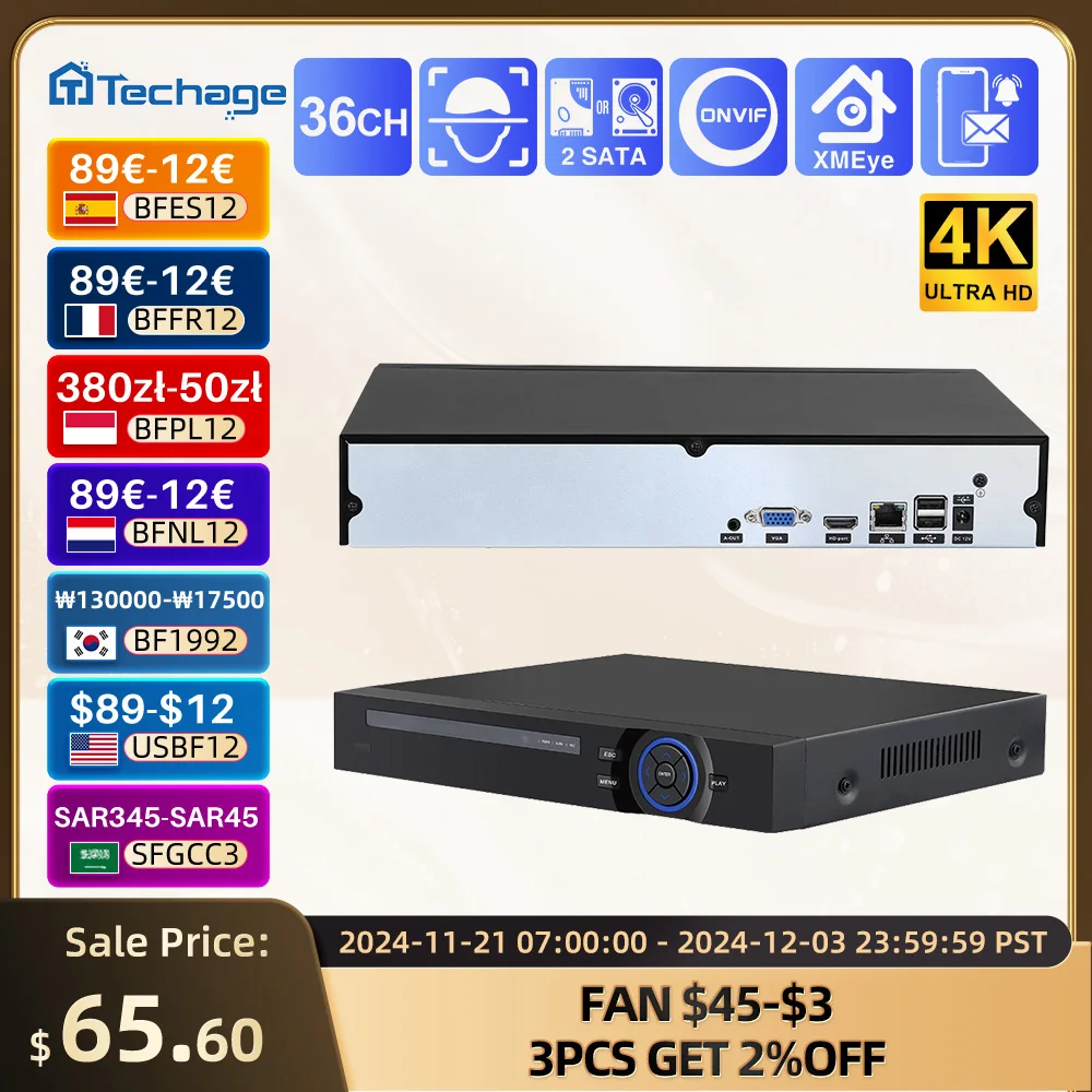 Techage 4K 32CH NVR Network Video Recorder H.265 Hard Disk Video Recorder Home Security CCTV Surveillance Onvif PoE IP Camera