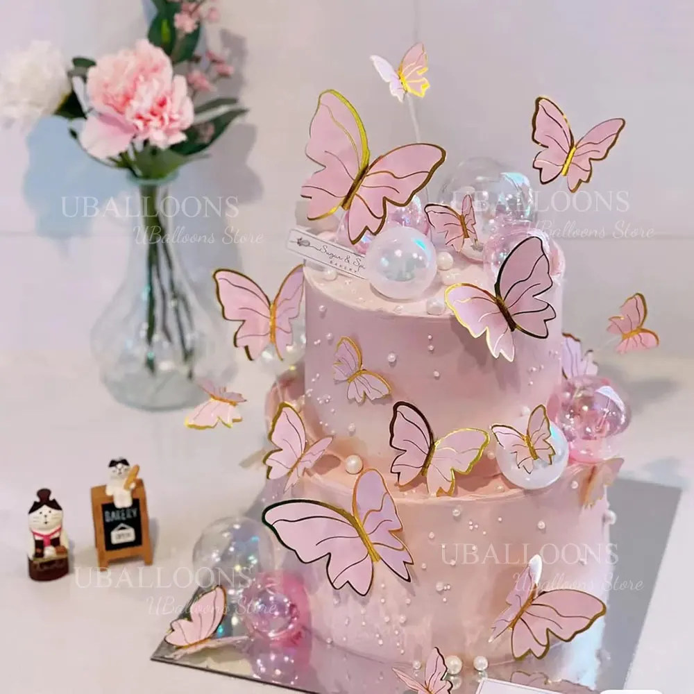 11 Stück rosa Schmetterlings-Kuchenaufsätze, 3D-Gold, rosa, lila Schmetterlings-Cupcake-Kuchendekorationen für alles Gute zum Geburtstag, Muttertagsdekoration – Detail 6