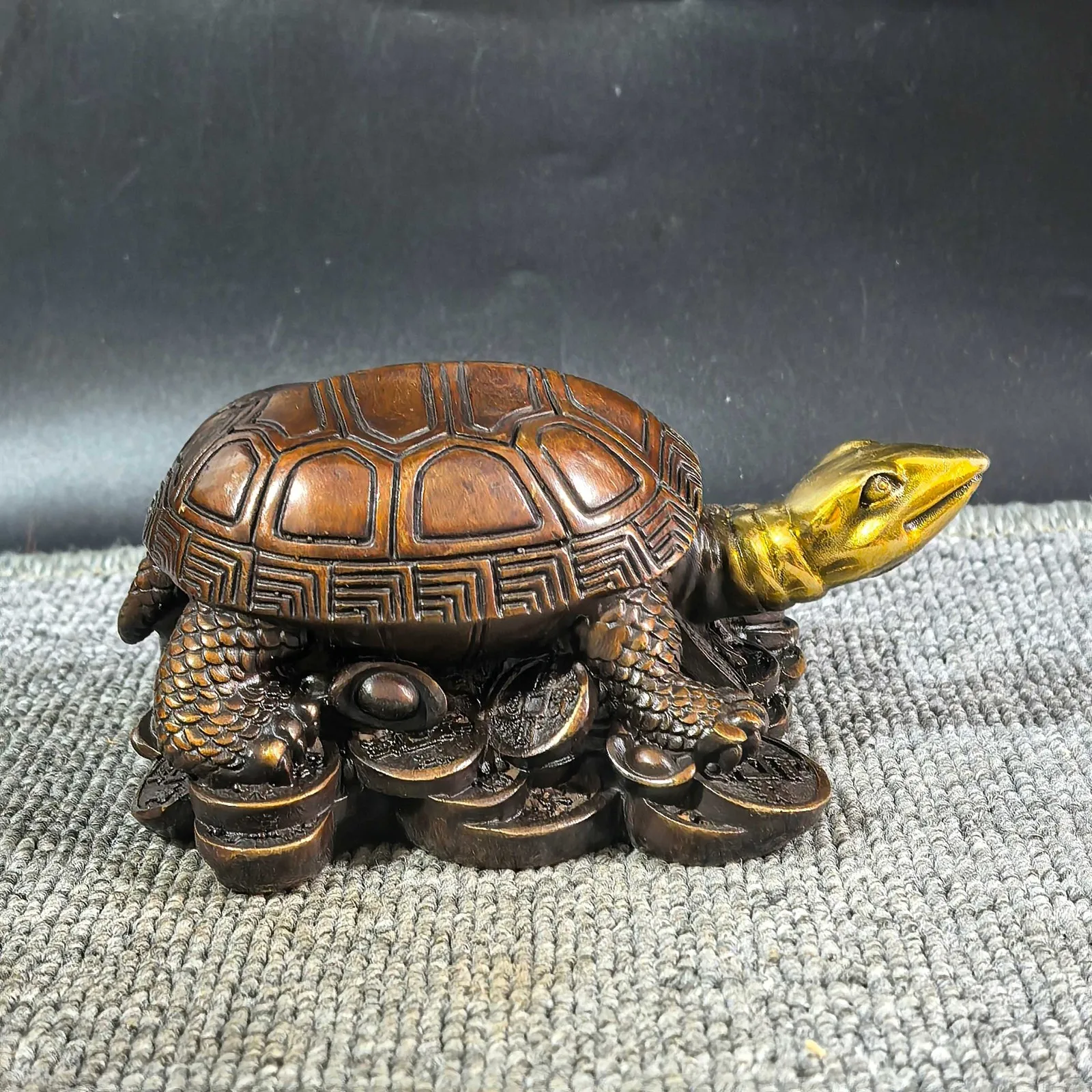 Gold Gilded Bronze Money Turtle Sculpture, Wealth & Longevity Charm