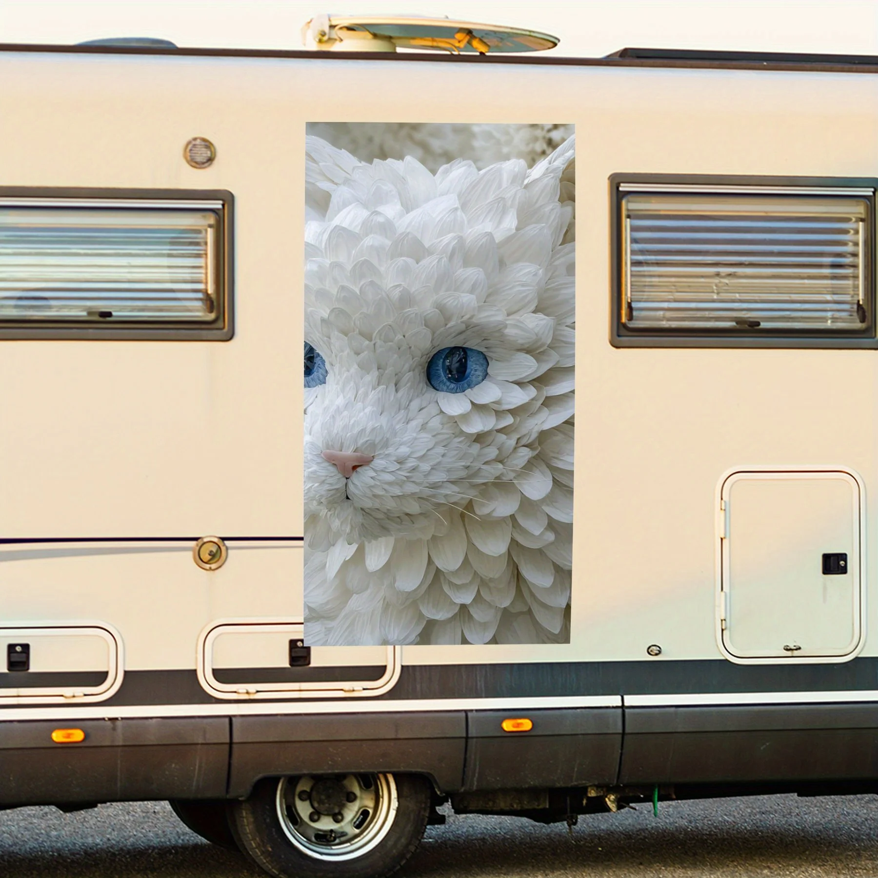 

White Flower Cat with Blue Eyes Car Sticker,Waterproof Vinyl Decal for RV Side, Self - Adhesive Stickers to Decorate & Protect R