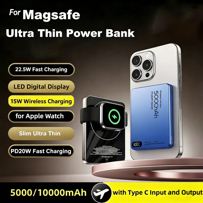 

Ultra Thin Power Bank 10000mAh Magnetic Wireless 22.5W Fast Charger for iWatch Airpods Magsafe Powerbank for iPhone 17 16 Xiaomi