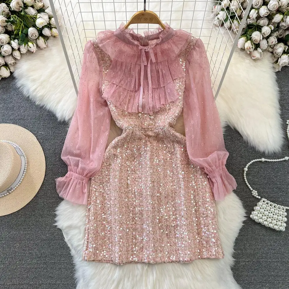 

Autumn Luxury Flower Embroidery Mesh Patchwork Sequined Tweed Dress Women Ruffled Bow Tie Flare Sleeve Slim Woolen Vestidos