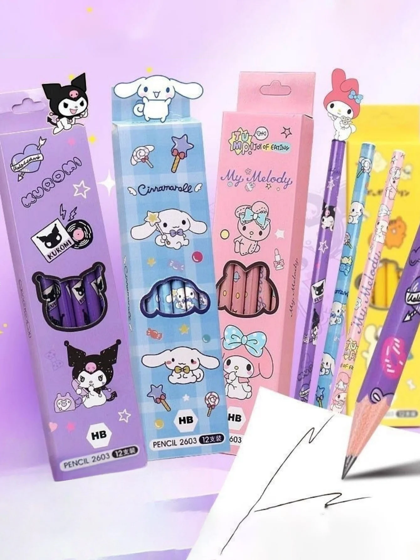 12 unids/caja lápiz Melody Kuromi Cinnamoroll HB negro escribir lápices de dibujo papelería primaria mujer hombre regalo