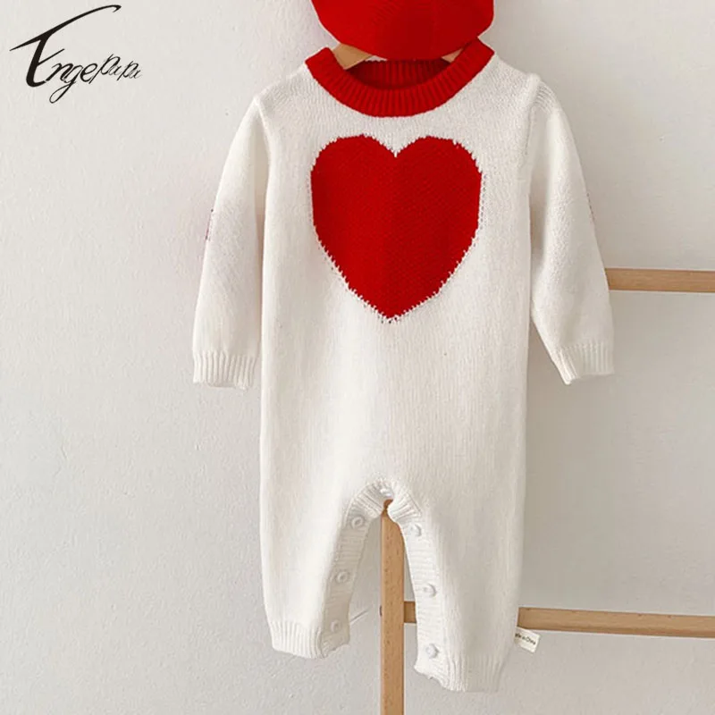 Spring Autumn Infant Baby Girls Long Sleeves Rompers Girls Knitted Love Jumpsuit Toddler Baby Girls Warm Clothing