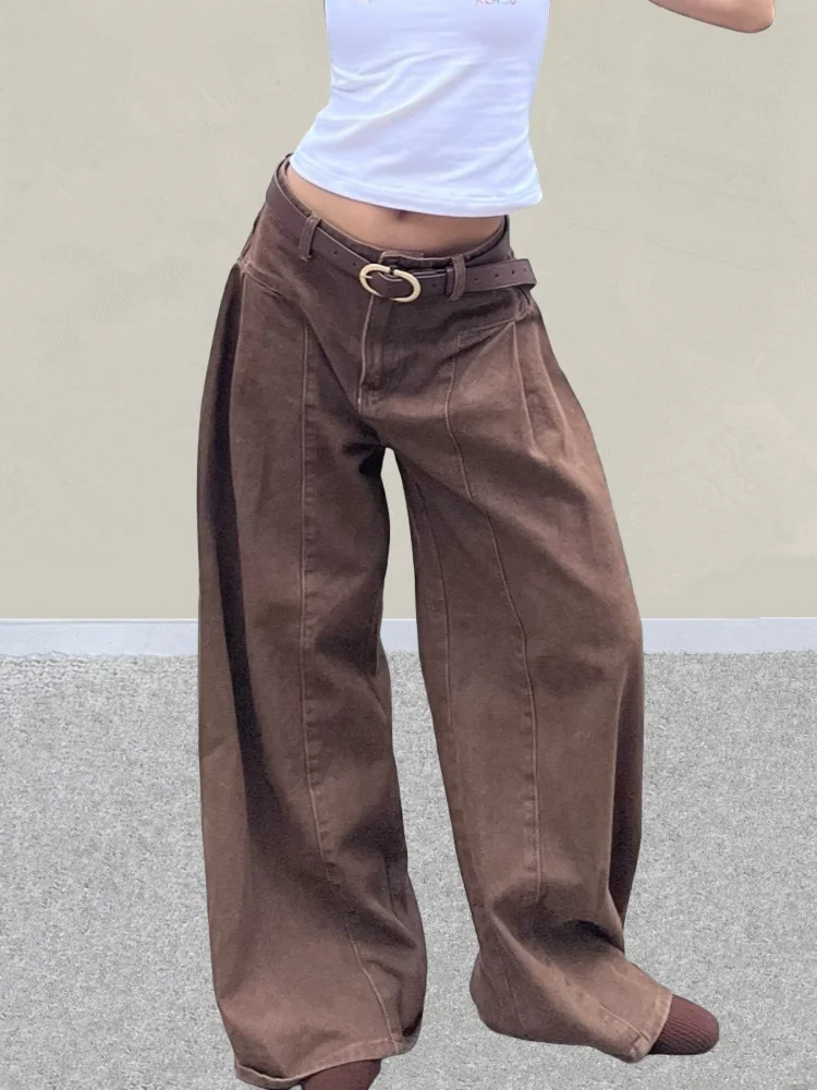 

Уличная одежда в американском стиле ретро Y2K 2021, винтажные коричневые лоскутные мешковатые джинсы, брюки для женщин, одежда, широкие женские хлопковые брюки