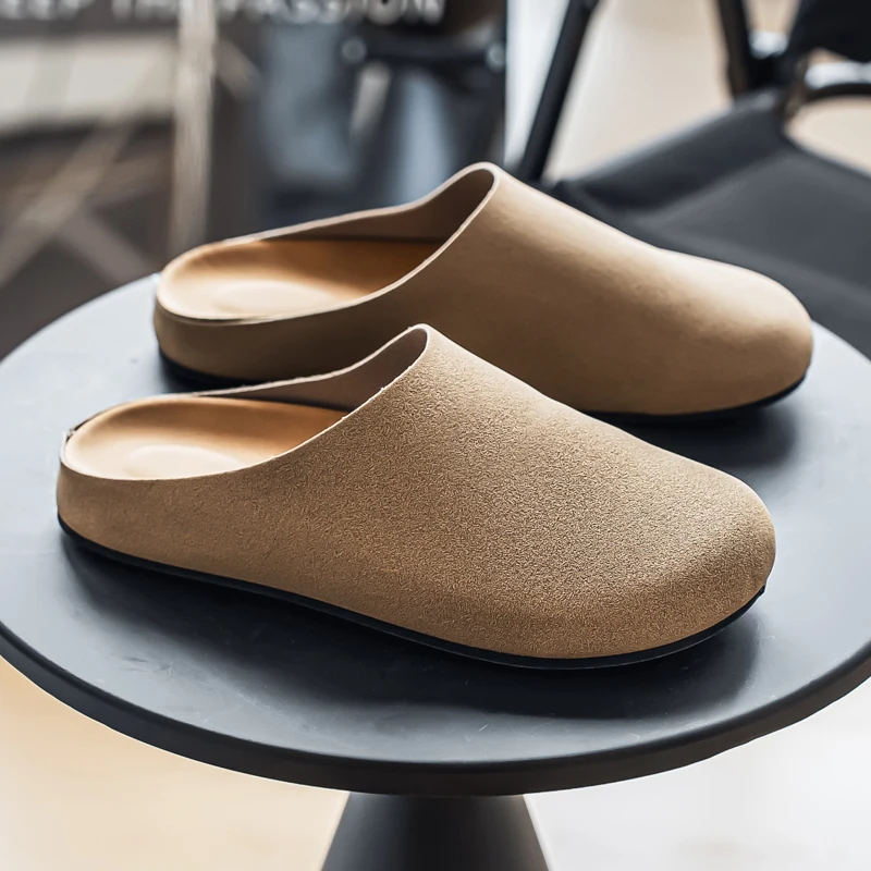 

Leather Half Shoes for Men Mules Platform Backless Loafers Slippers Summer Open-back Casual Shoes Slides Sandal Slip On Flats