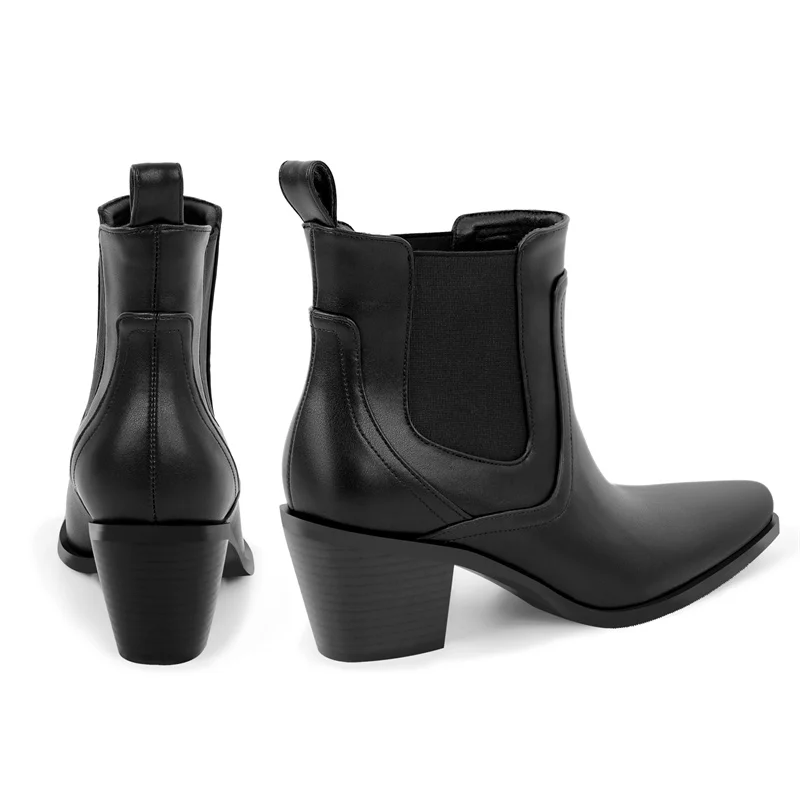 Onlymaker Pointed Toe Black Chunky Heel Western Ankle Boots Big Size Slip On Westen Cowgirl Boots