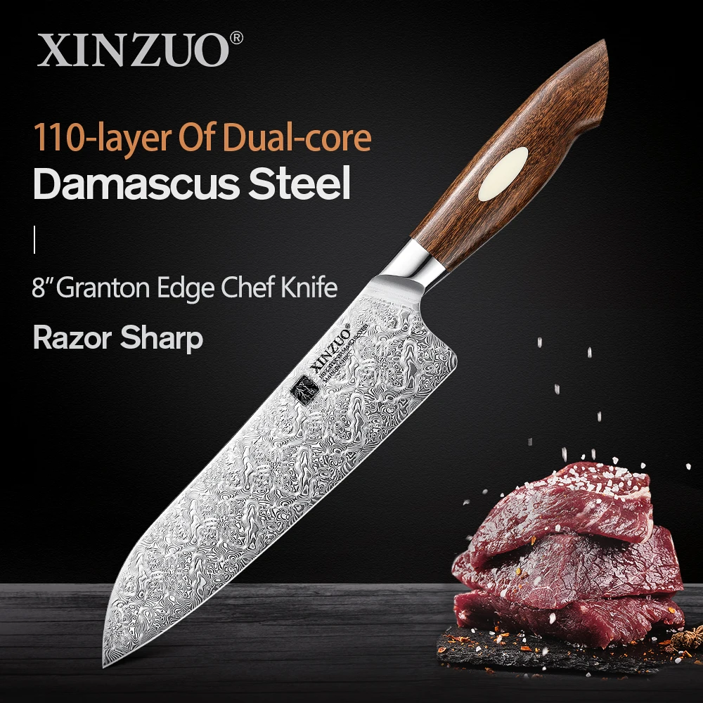 XINZUO Design  8'' inch Granton Chef Knife 110 Layers Damascus Steel 60±2HRC Meat Knives North American Desert Ironwood Handle