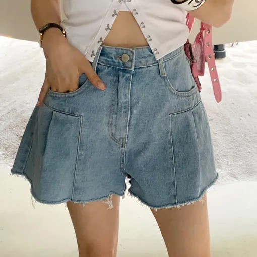 

Summer Loose Wide Leg High Waist Denim Shorts Asymmetrical Hem Casual Blue Cotton Non-Stretch Comfortable Fit Chinese Made