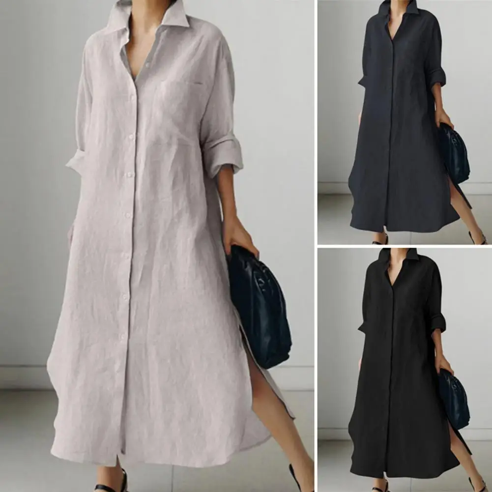 

Women Spring Fall Dress Long Sleeve Irregular Split Hem Loose Dress Lapel Single-breasted Casual Daily Maxi Shirt Dress 여성용 원피스