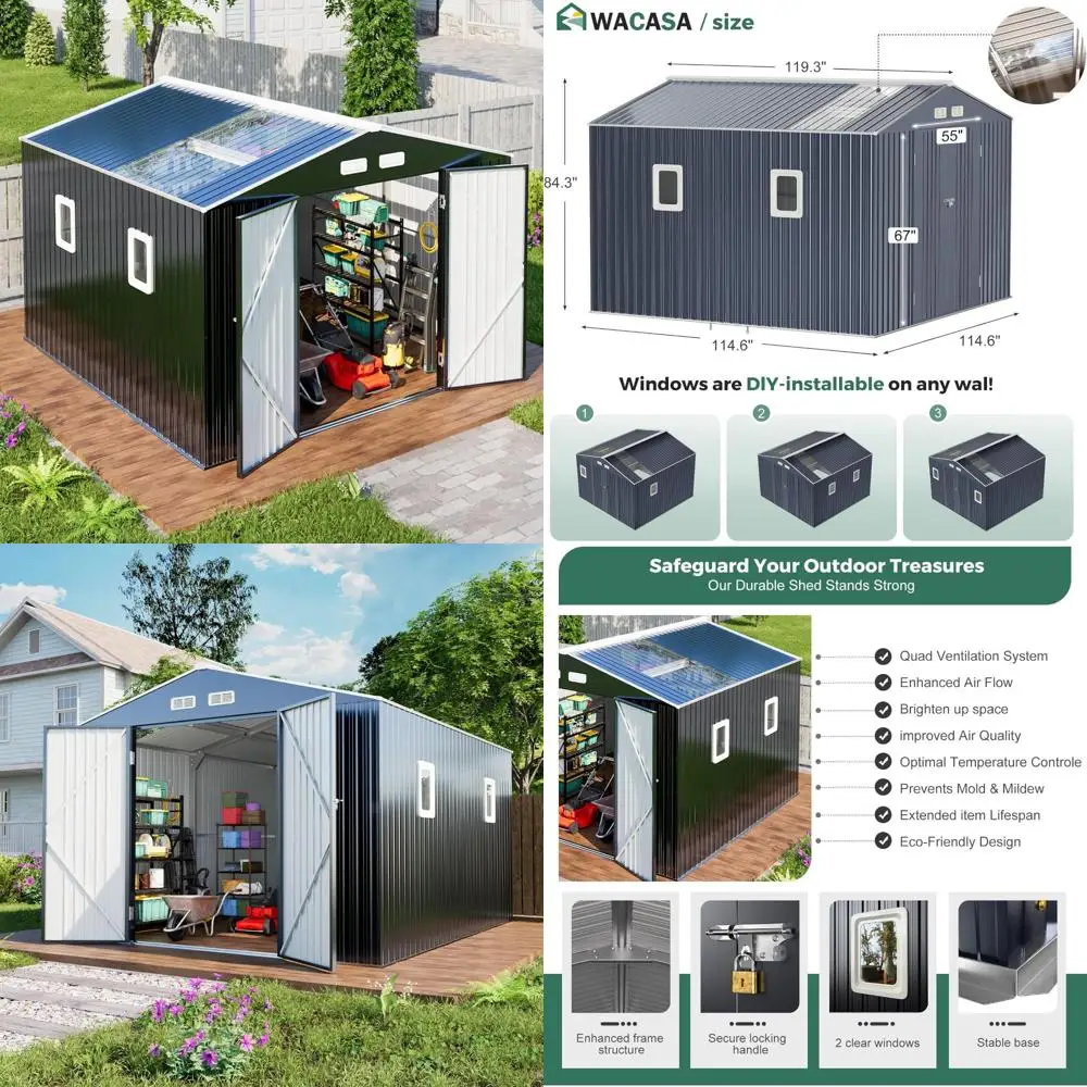 

10x10 Metal Shed with Floor Kit - Outdoor Storage, Natural Light, Translucent Roof Panels, Windows, Tool Shed for Efficient Orga