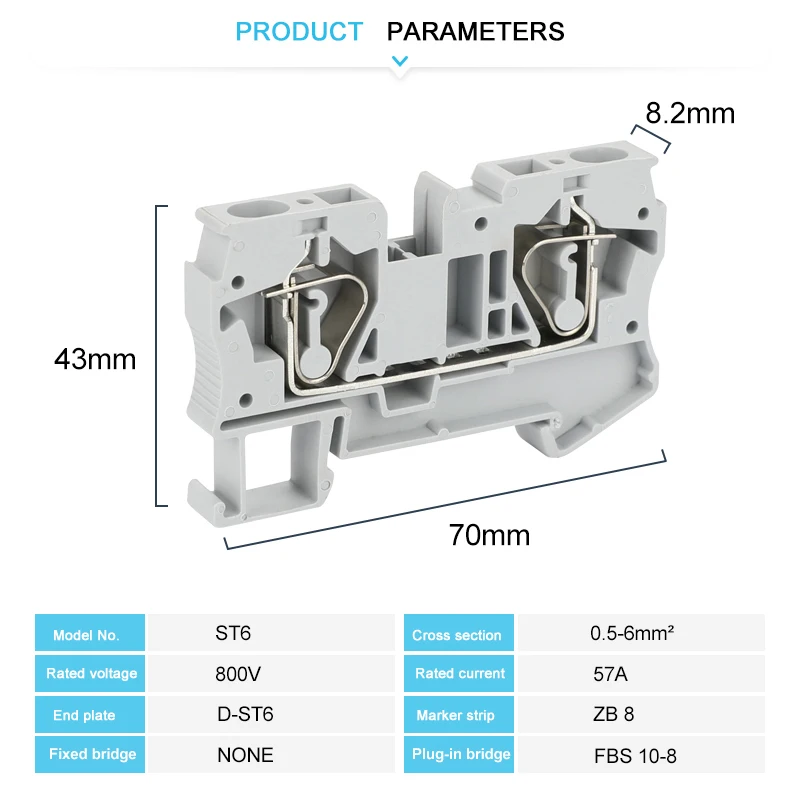 ST6 Din Rail Wire Connector Electrical Terminal Block 6mm² 24 - 10 AWG Spring-cage Connection Wiring Return Pull Plug ST 6