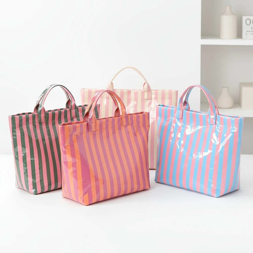 1pc Vertical Stripe Tote Bag, Large Capacity Lightweight Design, Daily Commute Shopping Storage Bag, with Soft-Touch Handle
