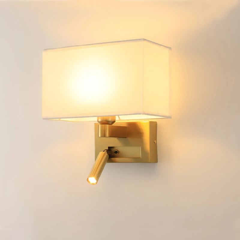 Modern Wall Sconce Cloth Lampshade White Beige Brown Led Wall Light Fixture with Adjustable Spotlight 360° Rotation for Bedroom