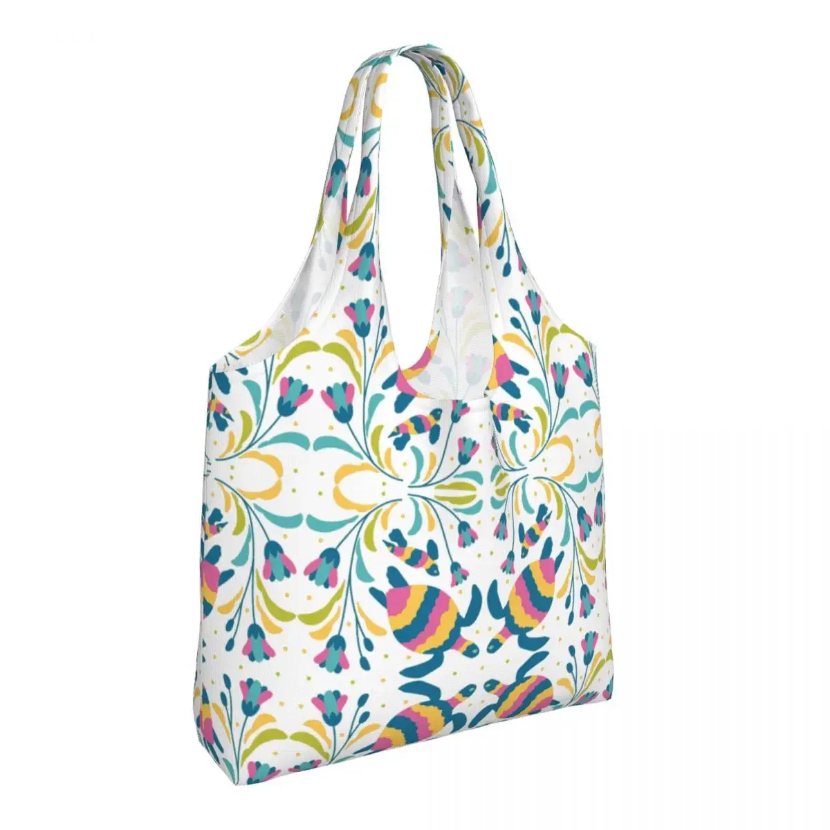 Custom Mexican Otomi Turtle Embroidery Shopping Bag Women Shoulder Canvas Tote Bag Durable Floral Animal Grocery Shopper Bags