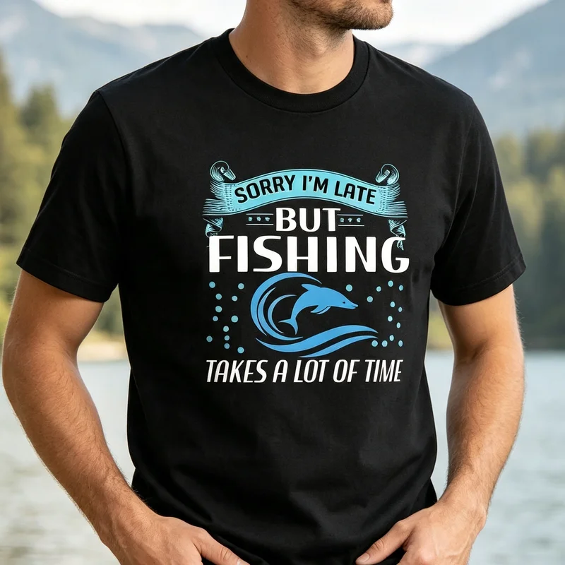 Sorry I'm Late But Fishing Takes A Lot of Time  T Shirt  Fish Wave Print Casual Tee Cotton Short Sleeve Streetwear Men Women