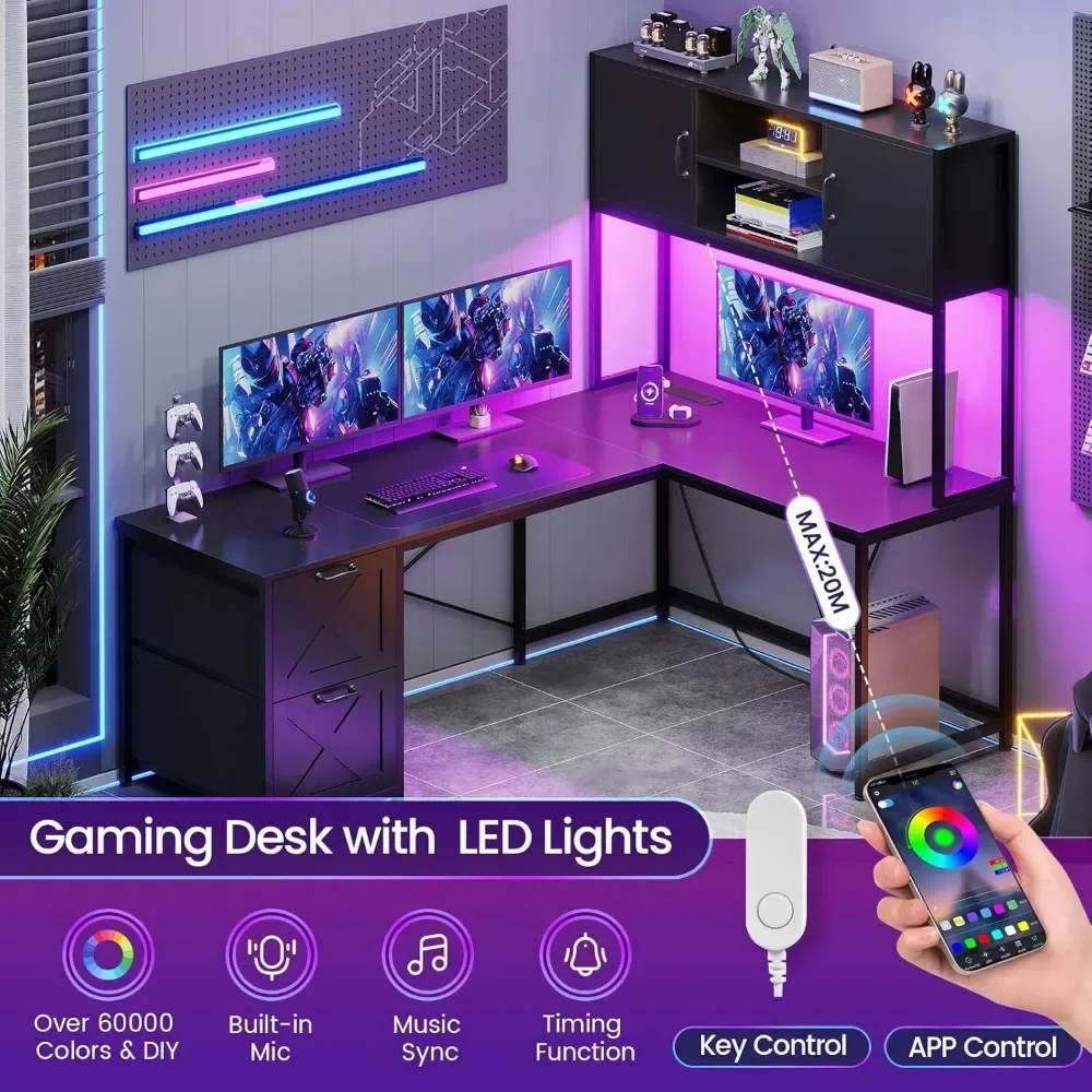 Computer Desk, Reversible L Shaped Computer Desk with Fabric Drawers and Power Outlet, Gaming Desk with Led Lights