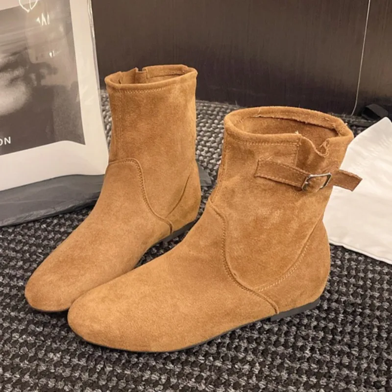 

Women Flats Suede Ankle Boots 2025 Winter Fashion Casual Shoes Designer Elegant New Trends Short Boots Buckle Zapatillas Mujer