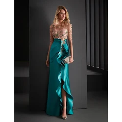 Elegant Women Illusion Evening Party Dresses 2023 Half Sleeves Jade Satin High Split Ruffles Wedding Prom Gowns Formal Vestidos